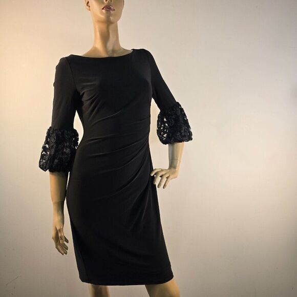 LAUREN RALPH LAUREN Dress Navy Black Lace Bell Sleeve Ruched Sheath Womens Sz 4 - Picture 7 of 12